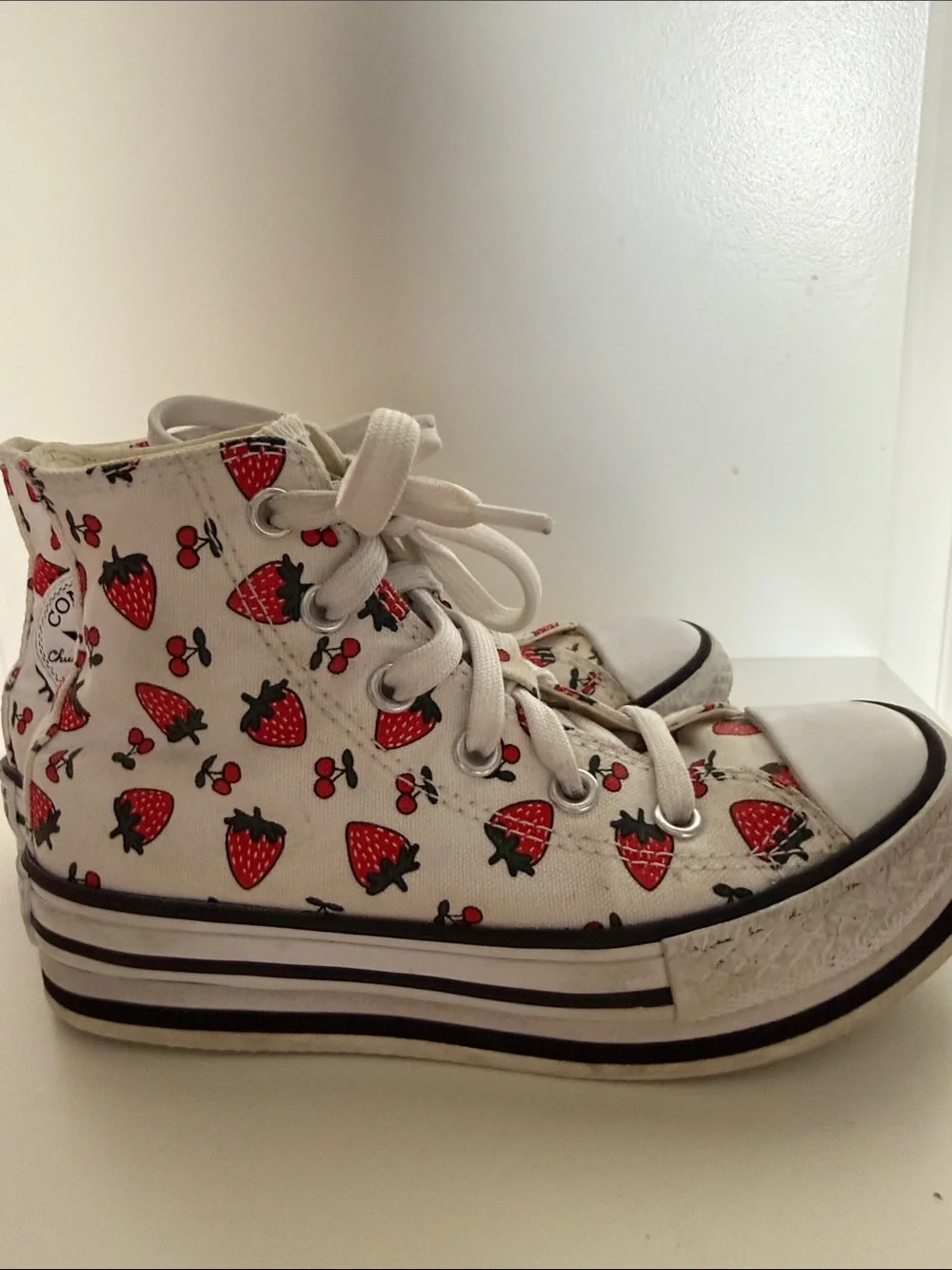 Converse Kids White High-Top Sneakers with Red Strawberry Print